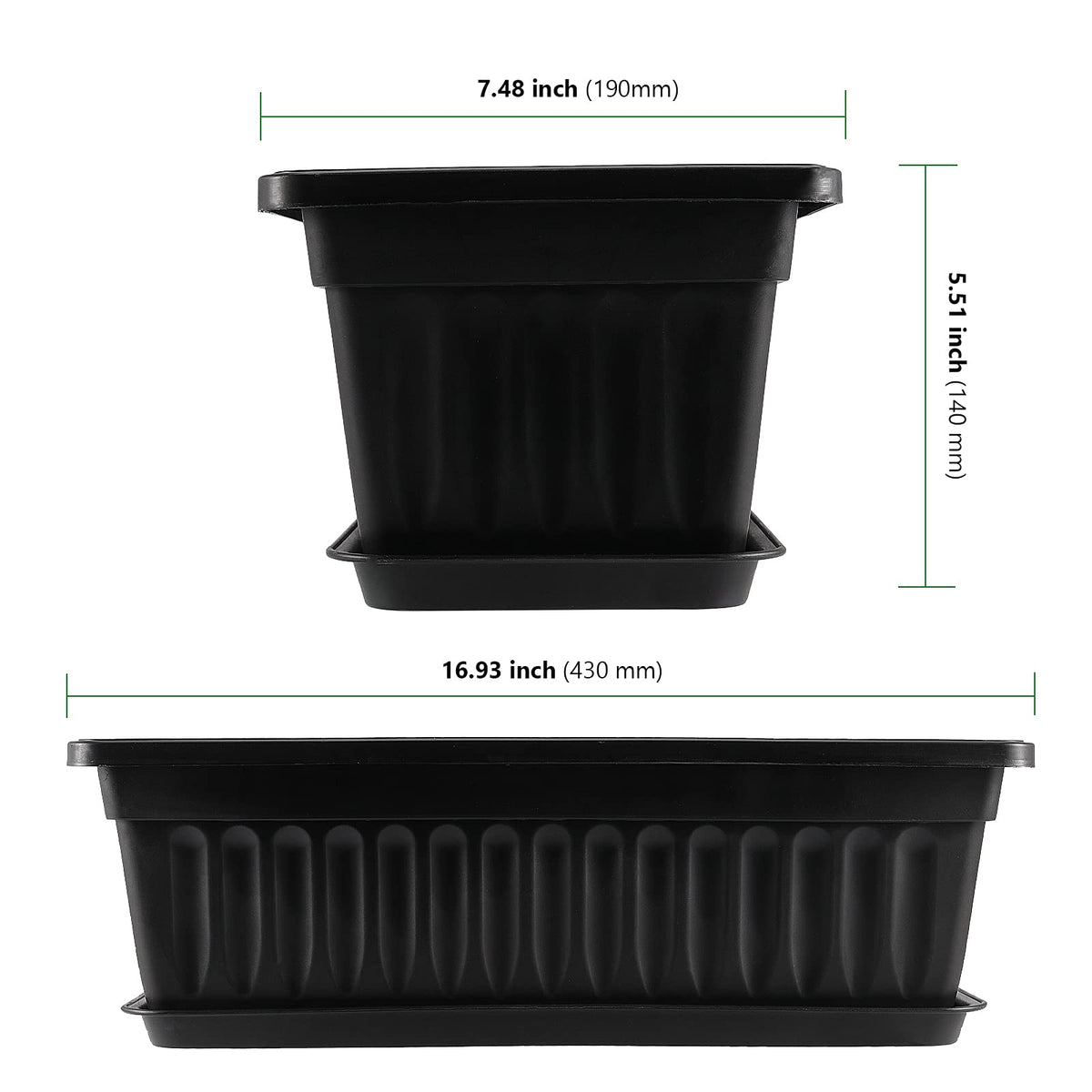 HAKZEON 6 Pack 17 Inches Plastic Flower Box Planters with Trays, Countryside Flower Window Boxes with 30 Plant Labels, Black Rectangular Vegetable Planters for Windowsill, Porch, Balcony, Garden