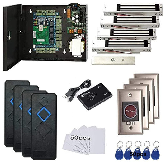 MENGQI-CONTROL 4 Door Access Control System 600lbs Magnetic Lock Access Control Panel 110V Power Supply Box RFID Reader NoTouch Exit Button Enroll USB Reader Card Key Fob Phone APP Remotely Open Lock