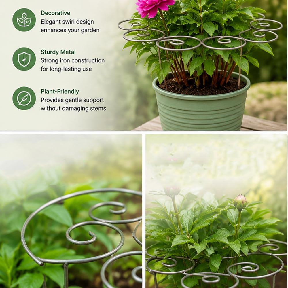jenvd Metal Plant Support Ring for Garden Flowers, Stackable Plant Stakes for Indoor Outdoor Pots (L)