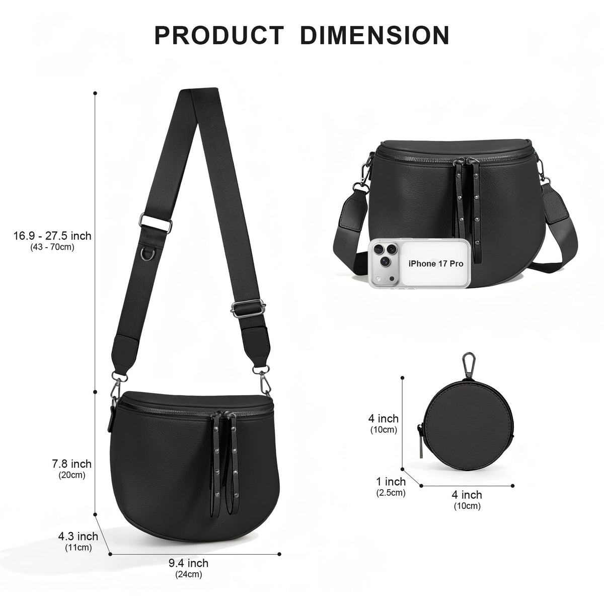 MOETYANG Crossbody Bags for Women Large Vegan Leather Bum Bag with Coin Purse (Black)