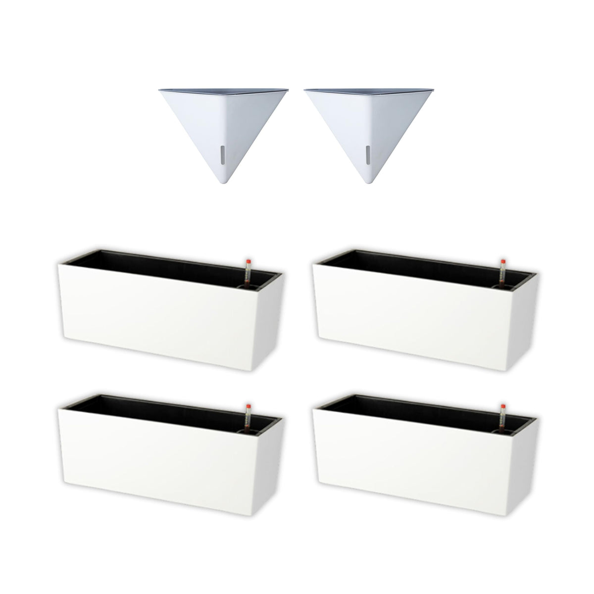 LaLaGreen Bundle- 2 Pack, 12 Inch White Geometric Self Watering Pot + 4 Pack, 20 Inch Rectangular Planter Box Hanging Stylish Modern Wall Mount Flower Succulent Vase Holder Balcony Porch Indoor Decor