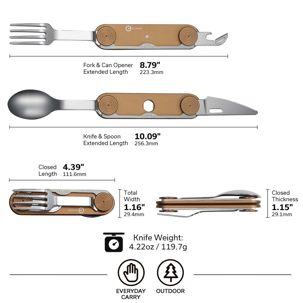 CIVIVI Partake 4-in-1 Camping Utensil, Detachable Stainless Steel Folding Knife, Fork, Spoon & Bottle Opener Multi-Tool, with Waxed Canvas Pouch for Travel Camping Hiking, C24032C-2, Coyote Brown