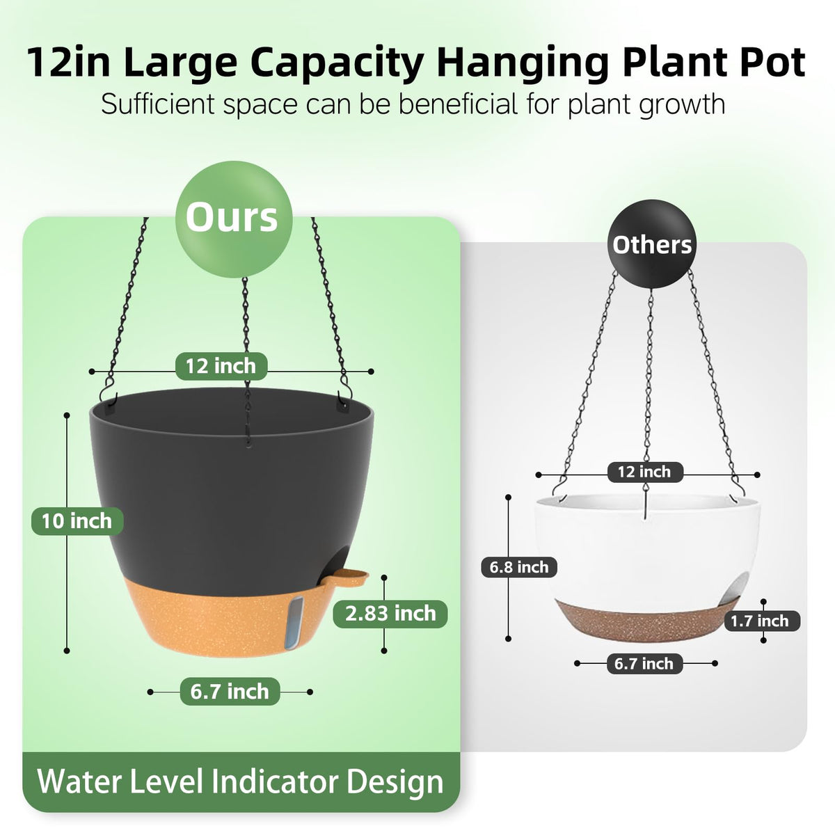 ZMTECH 12 Inch Large Self Watering Hanging Planters for Indoor Outdoor Plants - Water Level Indicator & Removable 60 Oz Reservoir, 1 Pack Plastic Hanging Basket for Window Porch Garden Balcony, Green