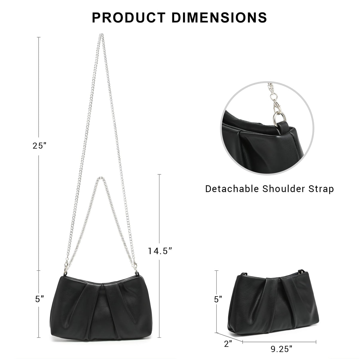 Dasein Elegant Pleated Evening Bag Soft Vegan Leather Clutch Purse Dressy Formal Handbag with 2 Chain Straps for Women (Black)