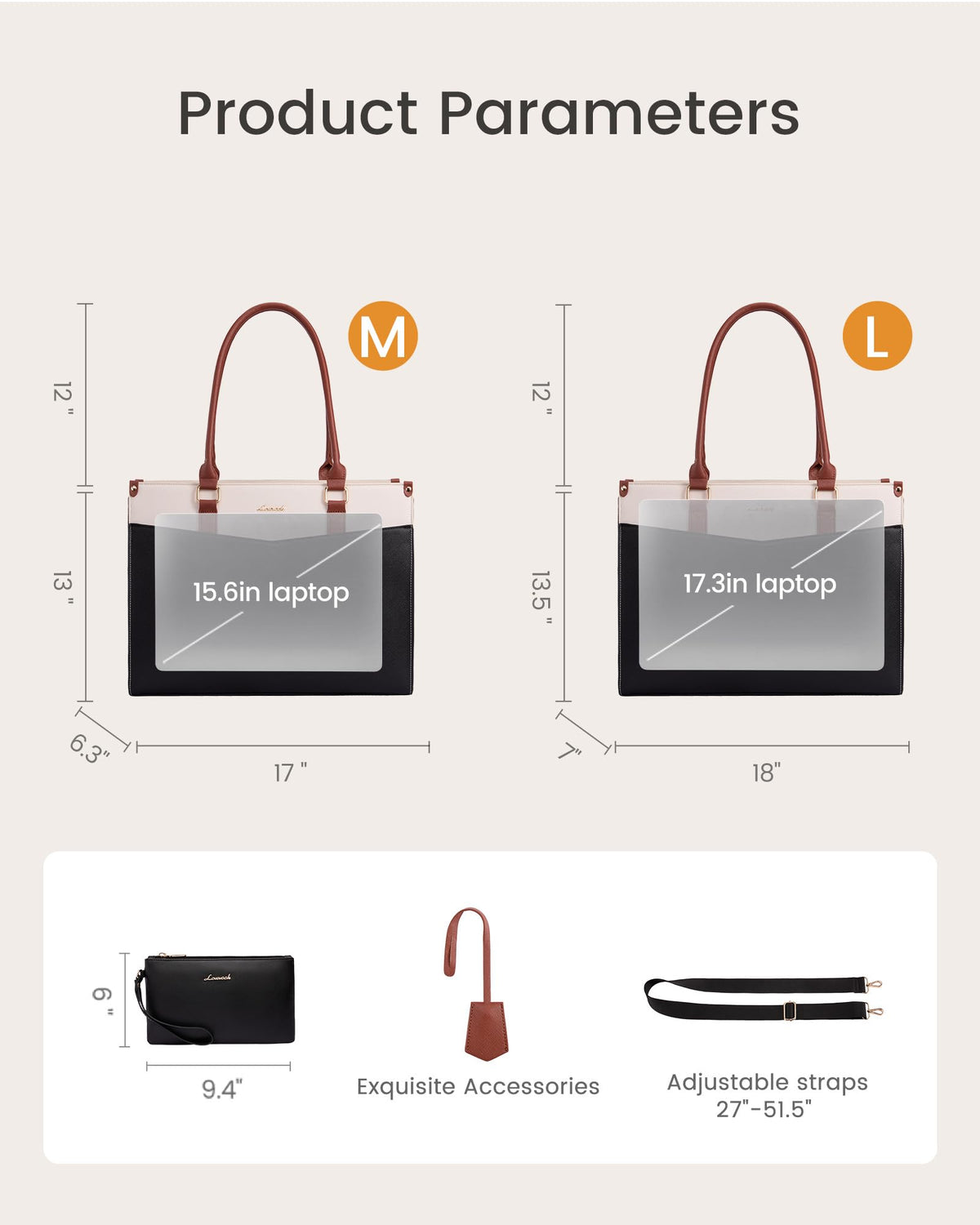 LOVEVOOK Laptop Bag for Women 15.6 inch, 2-in-1 Leather Structured Briefcase with Compartments and Clutch, Large Capacity Waterproof Multi Pocket Tote Bag, Brown