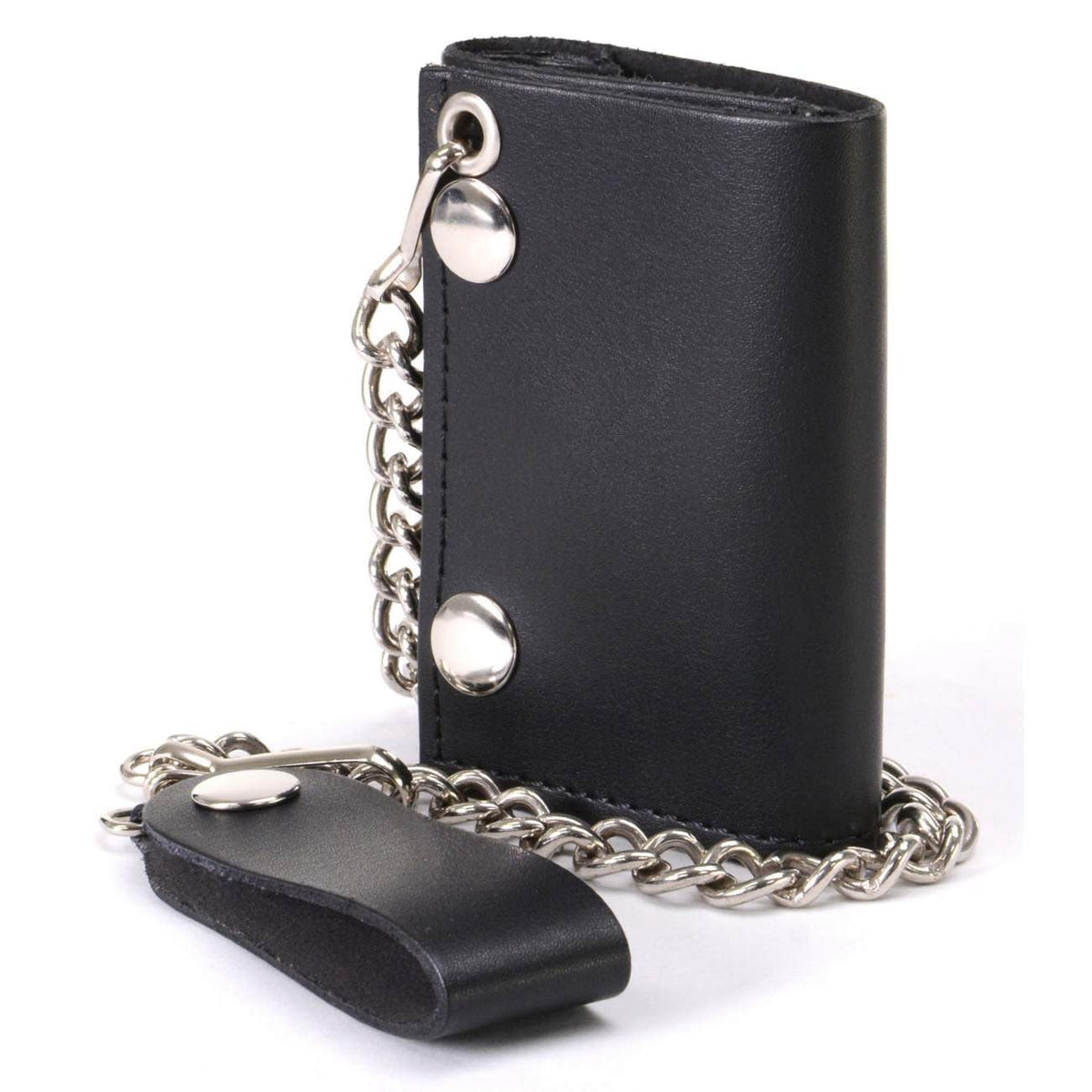 Milwaukee Leather MLW7831 Men's 4" Classic Black Plain Genuine Leather Tri-Fold Biker Wallet w/Anti-Theft Stainless Steel Chain - One Size
