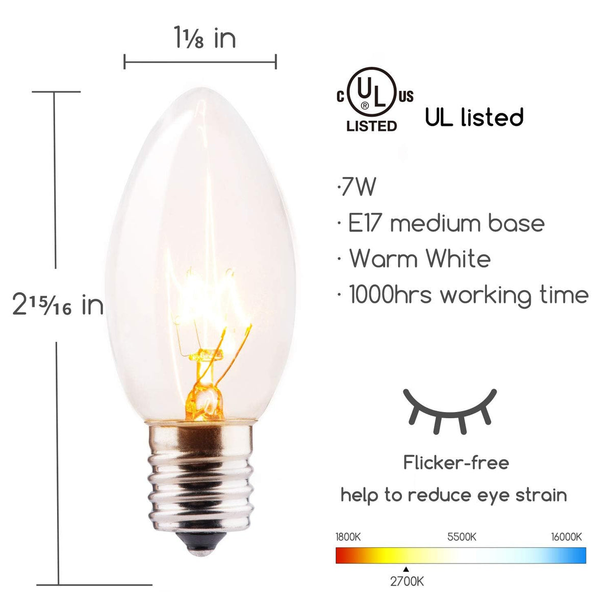 Minetom C9 Clear Replacement Bulbs for Christmas Lights, 100 Pack, E17 Intermediate Base, 7 Watt, Warm White
