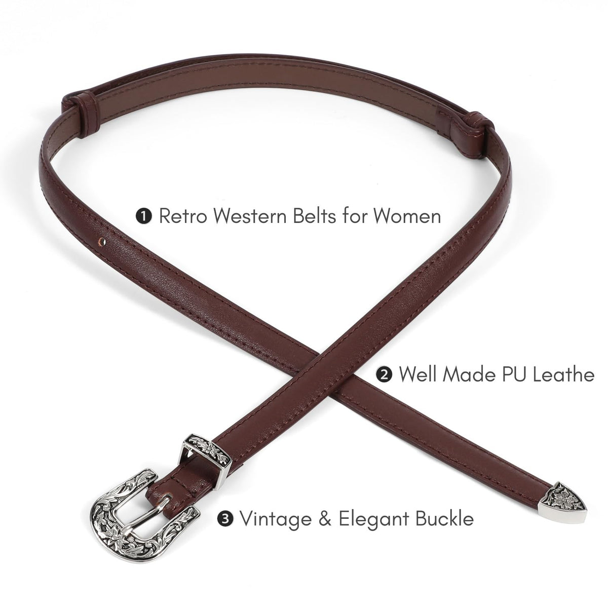 SUOSDEY Western Skinny Leather Belts for Women Adjustable Thin Waist Belt for Dresses with Vintage Buckle