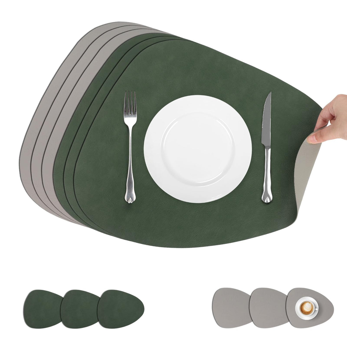 comfoyar Faux Leather Placemats with Coasters Set of 6, 13x16.5 Inch Non-Slip Dual-Sided Green Grey Place Mats, Washable Waterproof Table Mats for Indoor Kitchen Dining Party Table Decoration