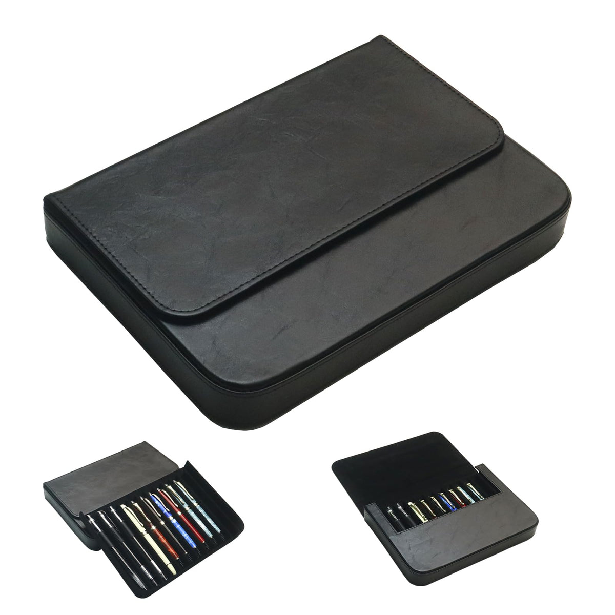 MIVLXLX PU Leather 12 Fountain Pen/Pencil Tray Case Organizer, Fashion Design, Handmade, Magnetic Closure with Drawer, Christmas Gift for Man/Woman/Office, 12 Slots(black)
