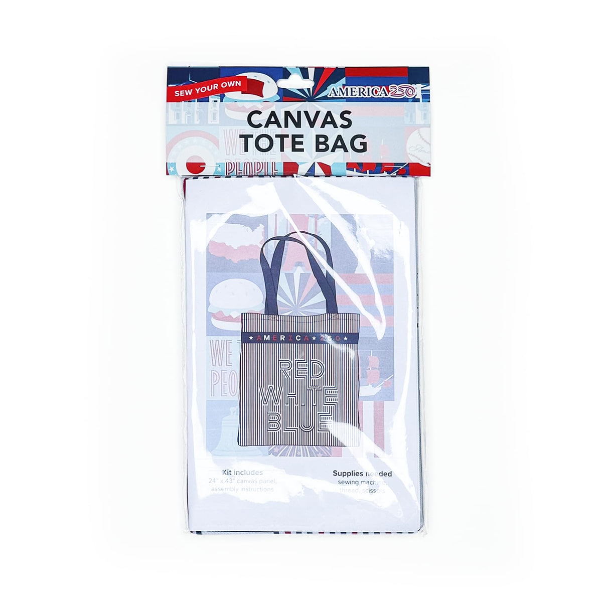 America250™ Officially Licensed Canvas Tote Bag DIY Sewing Kit – 16” x 15” Reusable Tote – Cotton Canvas Fabric Panel with Instructions – Patriotic Red, White & Blue – Beginner Friendly Project