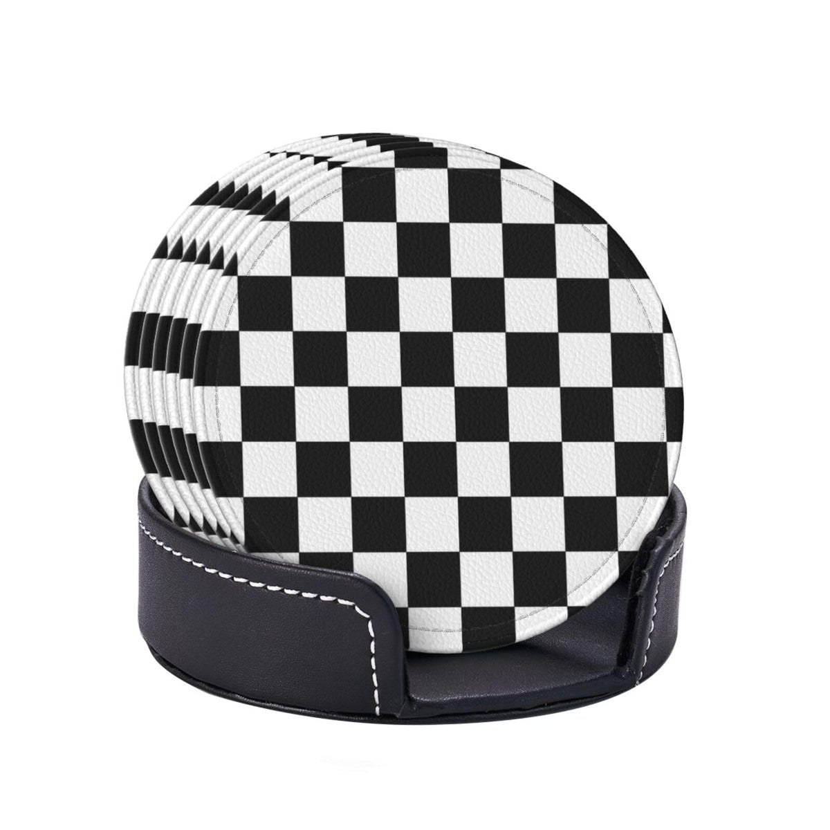 Black Checkered Leather Coasters Set of 6 with Holders for Drinks Cups, White Plaid 3.9" Round Coasters 6 Pcs for Coffee Bar Table Decor