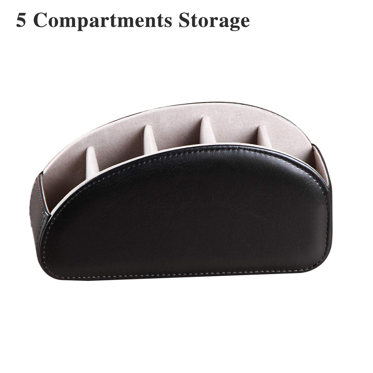 All-in-One Leather TV Remote Control Holder Black with 5 Compartments Nightstand Desktop DVD Media Player Remote Caddy Storage Box Organizer Tray For Makeup Brush Pen Stationary Table Controllers