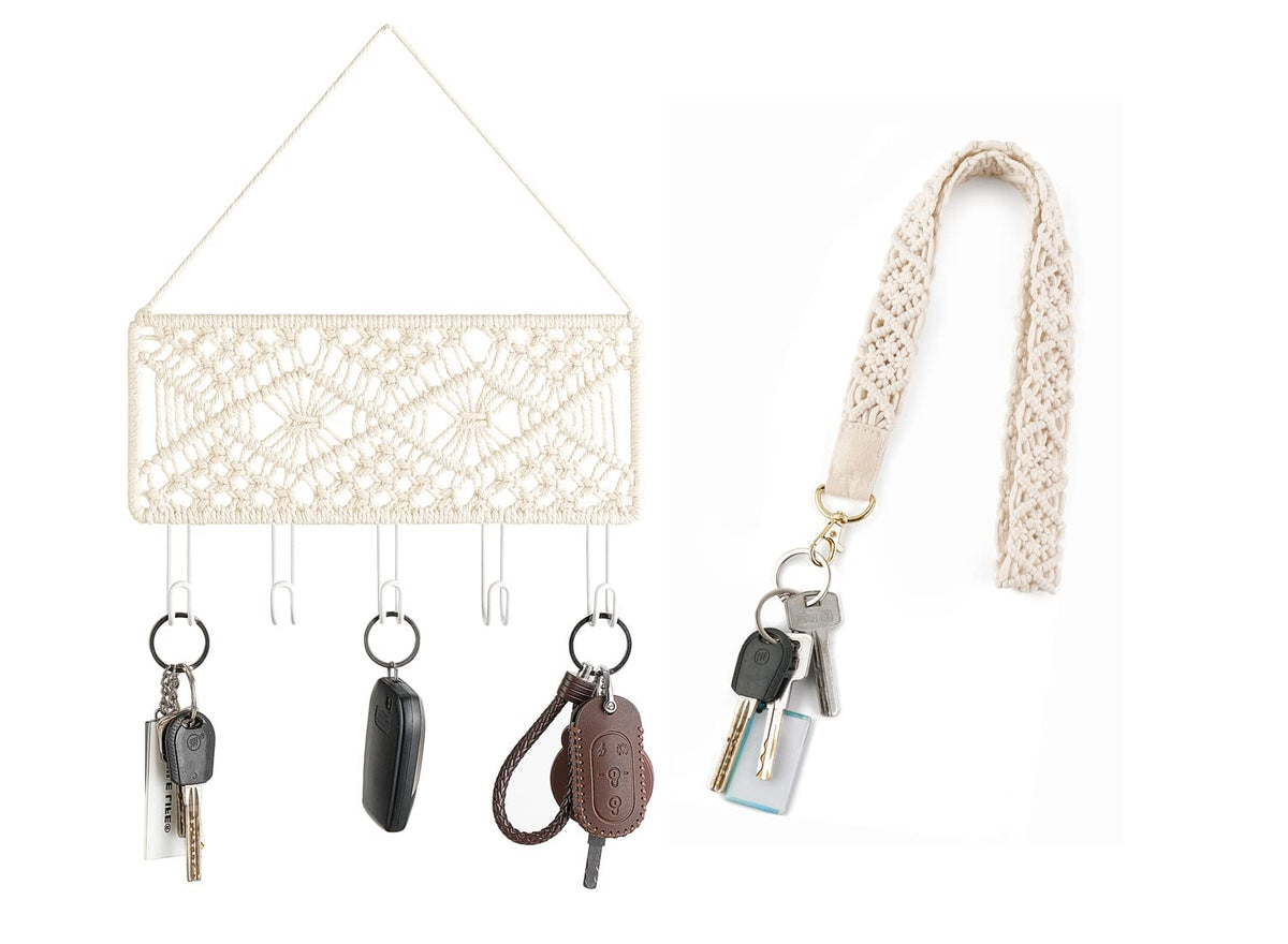 Mkono Set of 2 Boho Keys Organizer - Macrame Key Holder for Wall and Lanyard for Keys ID Badges