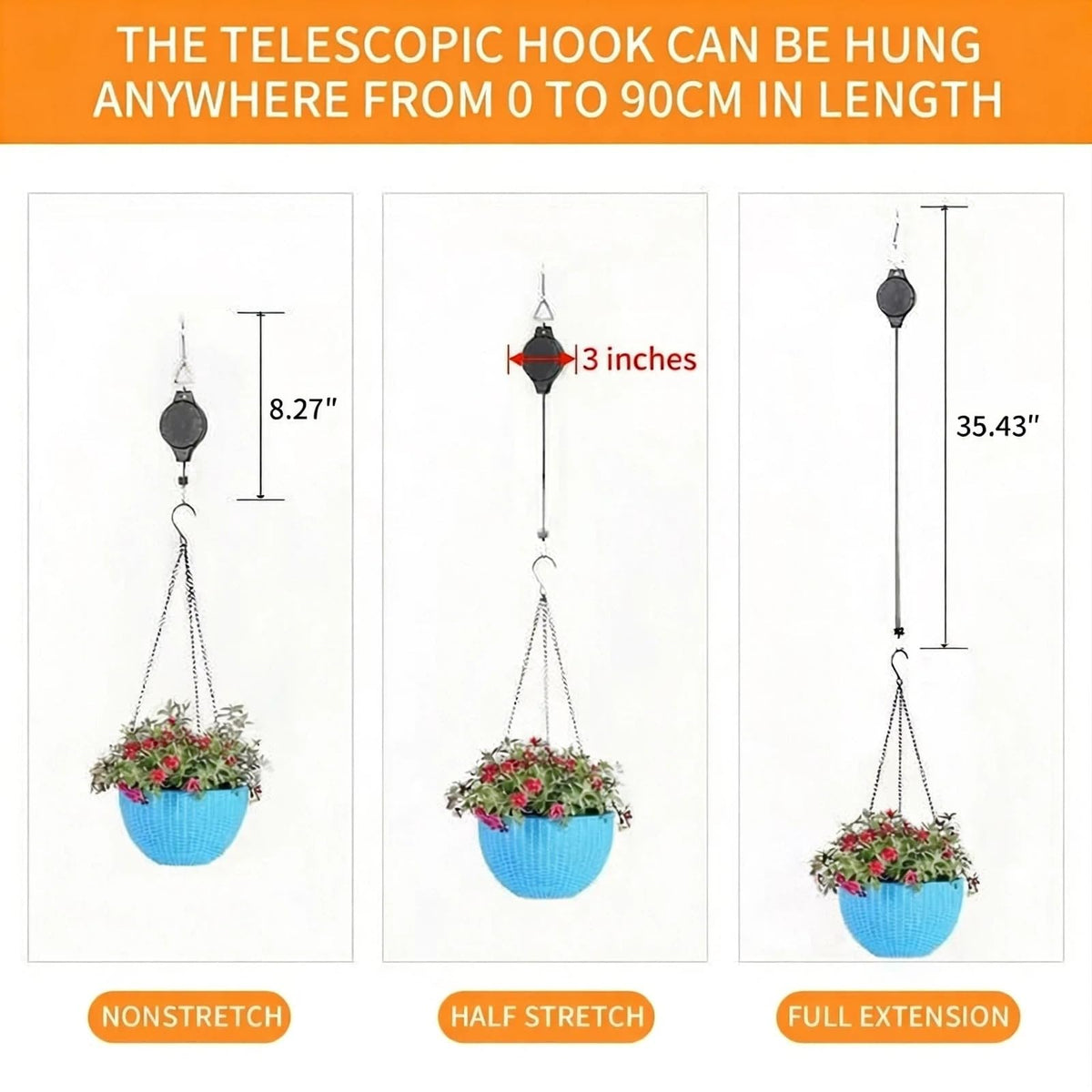 HOGXUAE 3Pack Retractable Plant Hanger Pulley System with Adjustable Rope Clips-Heavy-Duty for Indoor & Sheltered Outdoor Use(Max 15kg)