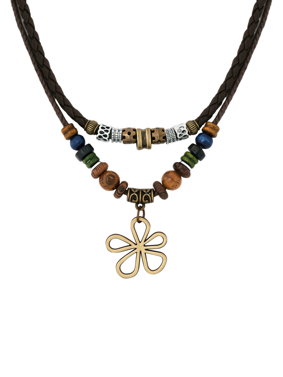 MINACHI Boho Layered Wood Bead Necklace Set – Dark Cord, Mixed Beads & Antique Brass Flower Pendant, Matching Earrings Included, Bohemian Style
