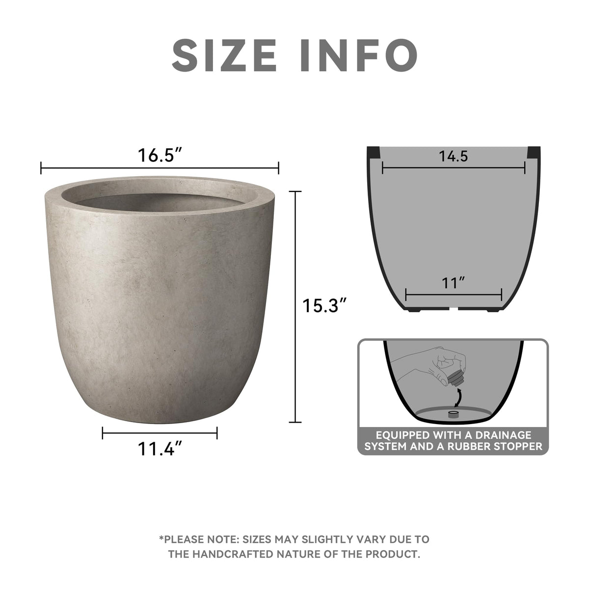 Kante 16.5" Dia Round Concrete Planter, Large Outdoor Modern Indoor Decorative Plant Pots with Drainage Hole and Rubber Plug for Home and Garden, Weathered Concrete