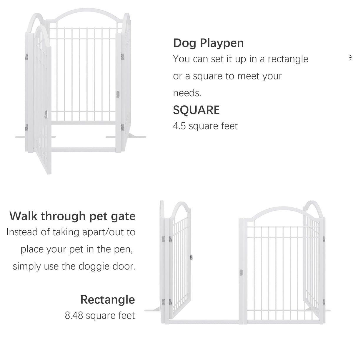 BHG Metal No-Assembly Freestanding Dog Gate with Door Walk Through, Extra Wide 96", Extra Tall 32" Pet Gate, Accordion Puppy Folding Playpen Dog Fence, with 2PCS Support (White, 4 Panels)