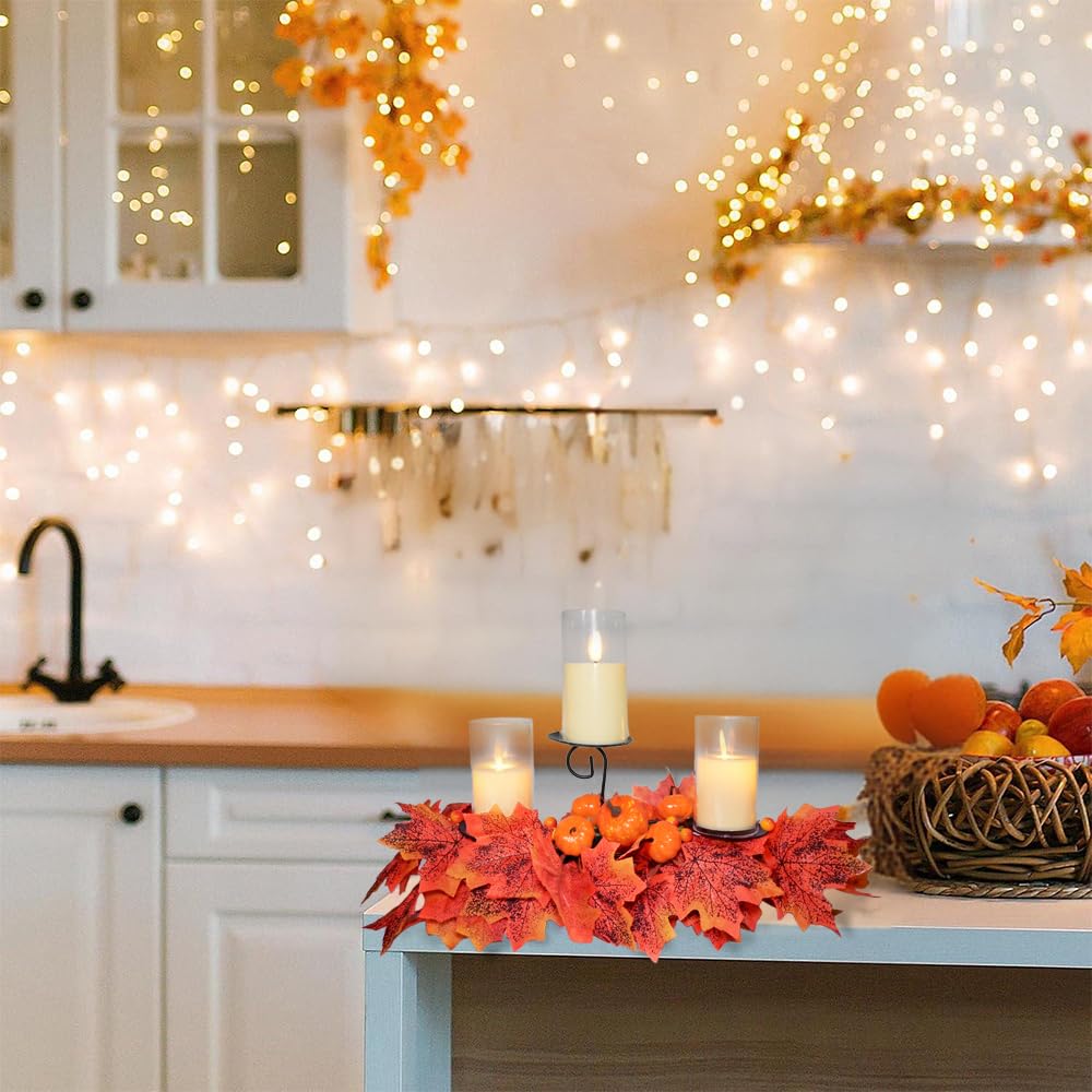 Fall Candle Holder Fall Table Centerpiece with Lights Thanksgiving Table Decor with Pumpkins Berries Maple Leaves Autumn Harvest Decoration with 3 Candle Holders for Dining Table Fireplace Home Decor