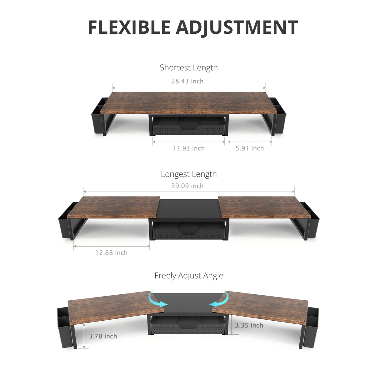 OPNICE Desk Organizers and Accessories, Dual Monitor Stand Riser with Drawer and 2 Pen Holders, Desk Shelf Wood Computer Racks for Office Workspace Organizers, Desktop Organization (Rustic Brown)