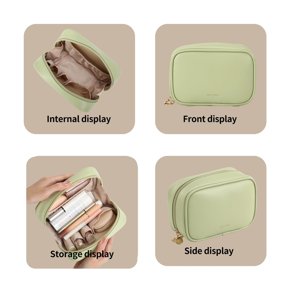 RIGHT AWAY Small Makeup Bag for Purse,Travel Cosmetic Bag Organizer for Women,Cute Make Up Pouch Waterproof Toiletry Bag with Zipper,Portable Makeup Case Skincare Bag for Travel Accessories(Green)