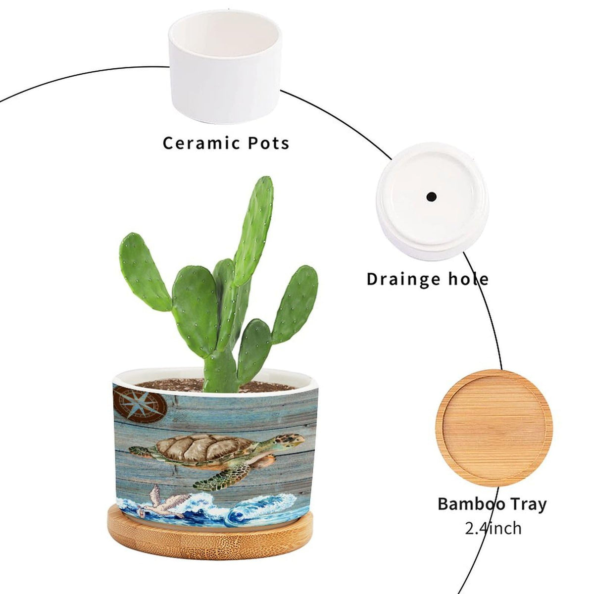 DreamAutumn Ocean Theme Sea Turtle Ceramic Pots for Plants with Drainage Holes Round Flower Pot Bamboo Tray Orchid Pot Succulents Pots for Outdoor Indoor Plants,Housewarming Gifts