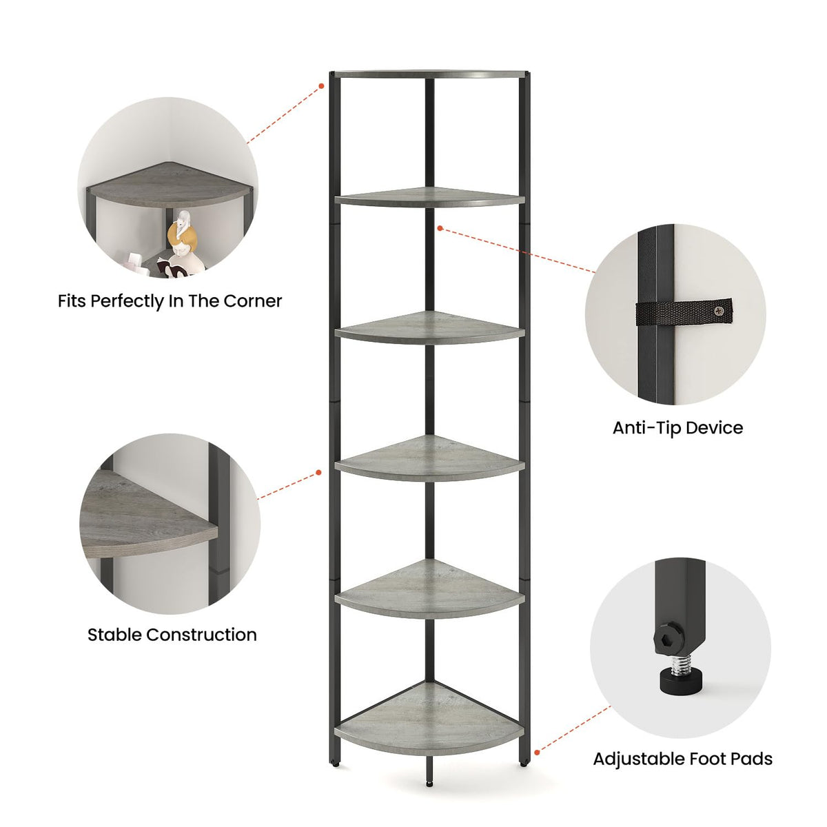 IRCPEN 6 Tier Corner Shelf 63.1" Tall Corner Shelves Stand Ladder Shelf Metal Standing Bookshelf Organizer Display Rack Bookcase Plant Stand Industrial Rustic for Living Room Bedroom Oak CS-001GR