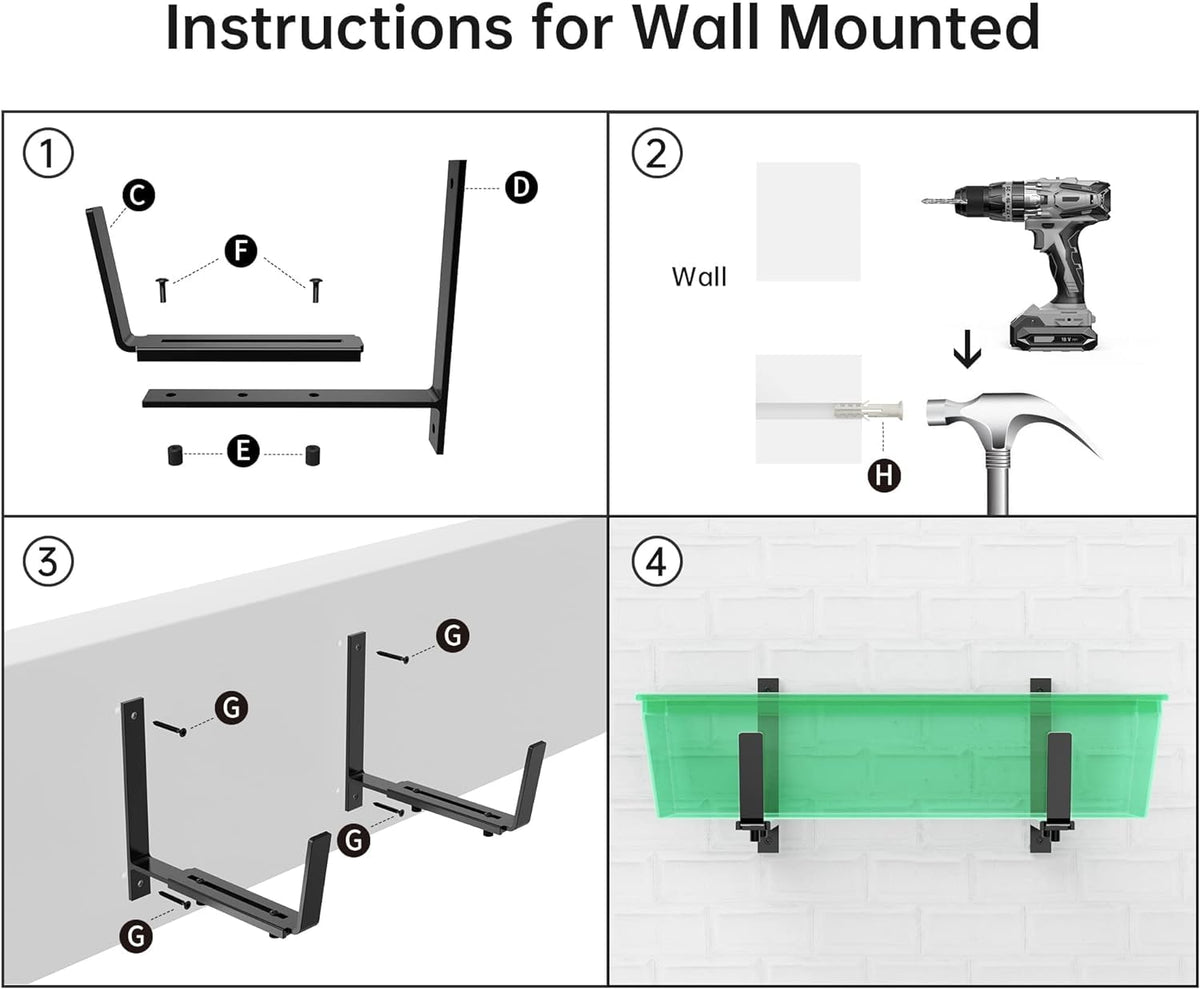 Y&M 4 PCS Adjustable Window Box Brackets for Planter Box, Heavy Duty Wall Mounted Hooks Hangers for Flower Baskets Holder Durable, Hanging Brackets for Fence Patio Garden Balcony