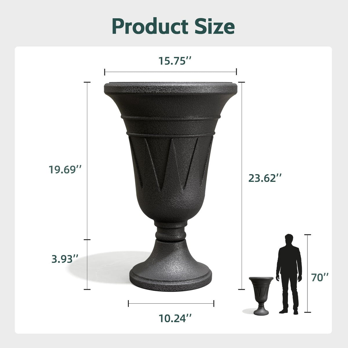 Trygoal 23.6" Tall Plastic Urn Planters for Outdoor Plants, Set of 2 Heavy-Duty Classic Indoor Large Flower Pots with Drainage Holes & Trophy Design, Outdoor Planters for Porch, Home Garden, Black