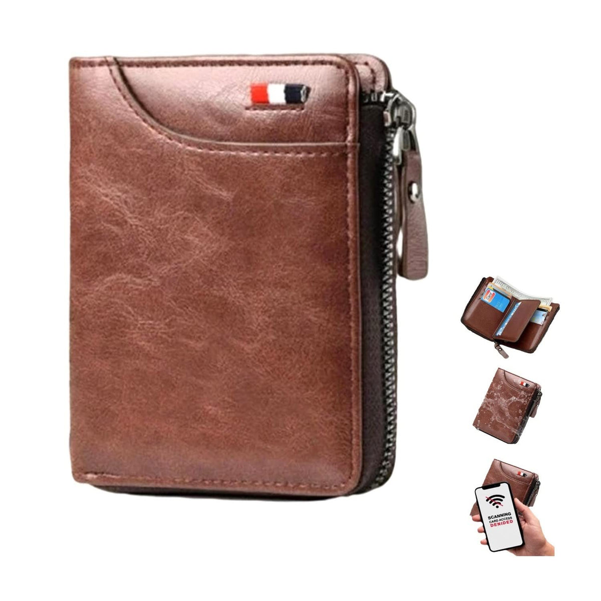 Plinvo Men's RFID Blocking Waterproof Wallet Genuine Leather Large Capacity Zipper Holds 1-14 Cards Slim Brown (BROWN)