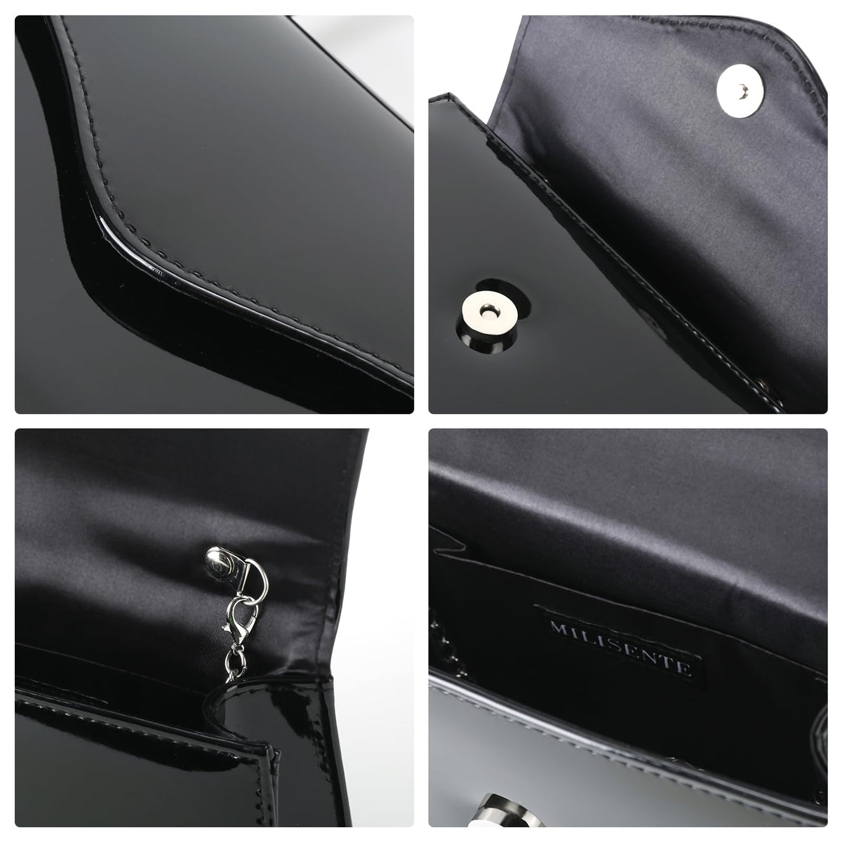 Milisente Women's Evening Bag Bridal Party Clutch Purses Cocktail Prom Handbags with Patent Leather(Black)