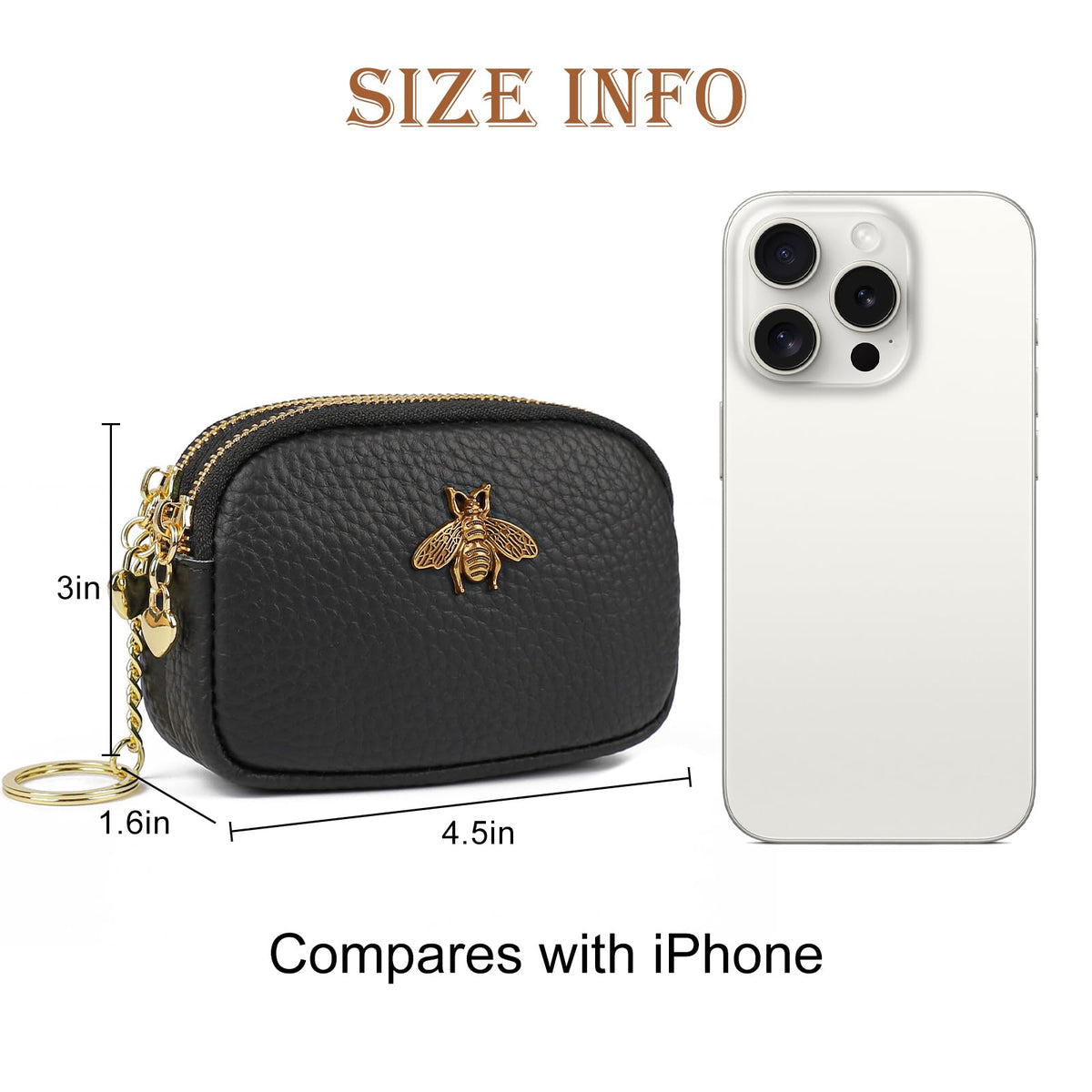 imeetu Women Leather Coin Purse, Small 2 Zippered Change Pouch Wallet(Copper Bee, Black)