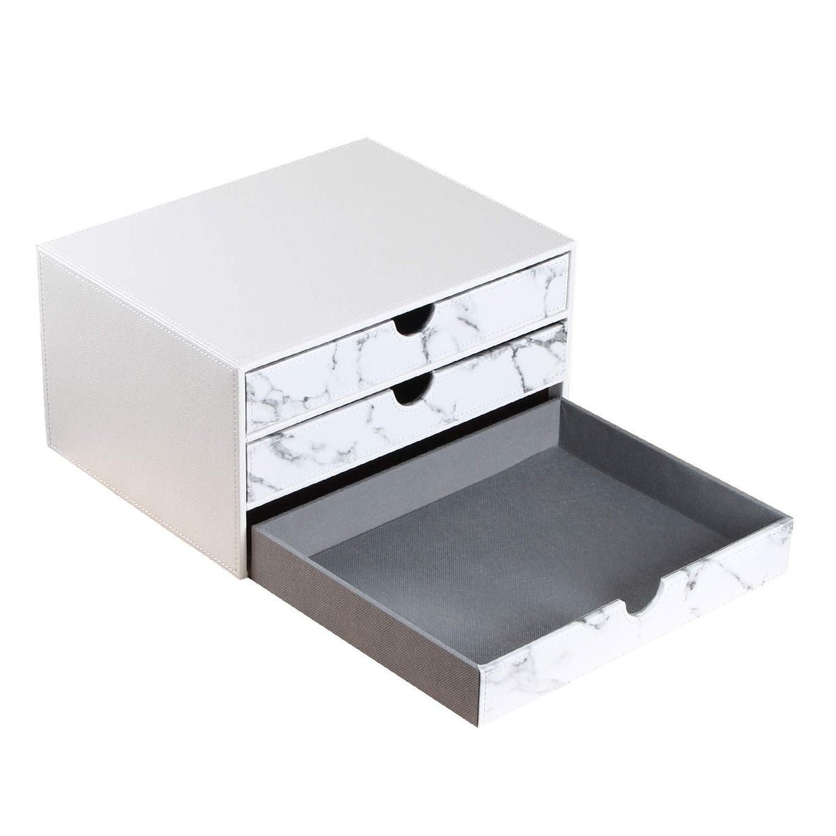 Arniche 3-Drawer Leather Desk Organizer with A4 File Holder-Stackable Modular Storage Box for Office Supplies,Files,Bills & Jewelry-Space-Saving Design for Home Office,Desk & Workspace(White)