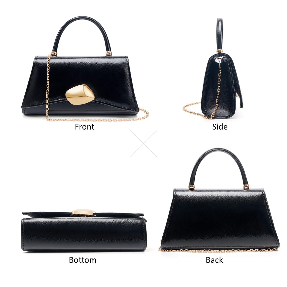 Women's Evening Handbag PU Leather Top Handle Clutch Purse with Gold Metal Clasp for Party Prom Wedding Cocktail (Black 703)