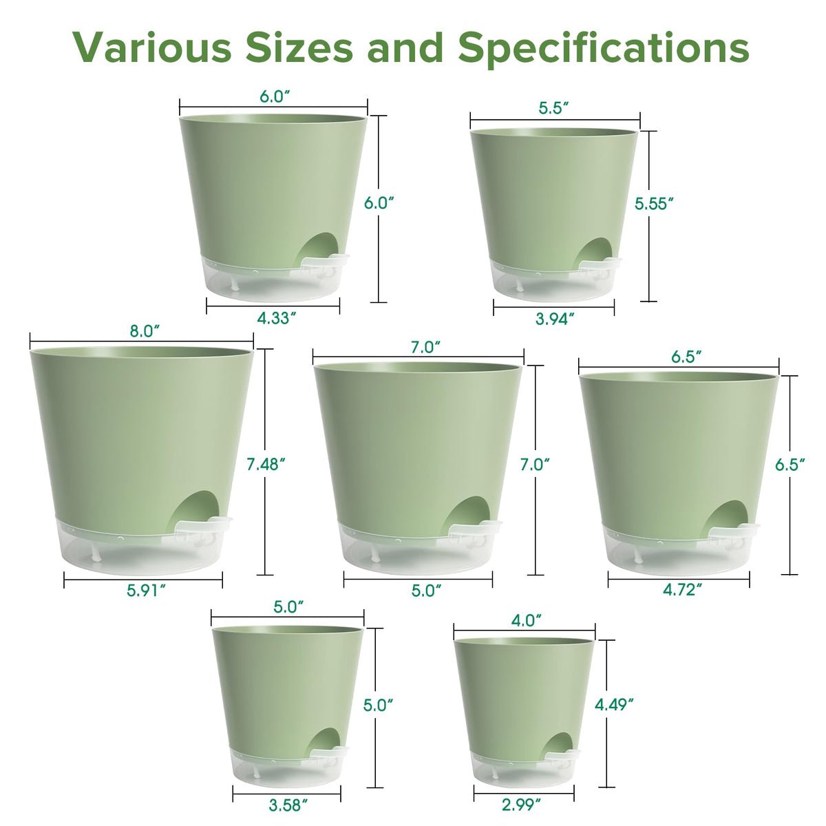 GARDIFE 2026 Upgraded Self Watering Plant Pots with Drainage Hole, 8/7/6.5/6/5.5/5/4 Inch Flower Planting Containers for House Plants, African Violet, Flowers, Cactus (Green, 8+7+6.5+6+5.5+5+4 inch)