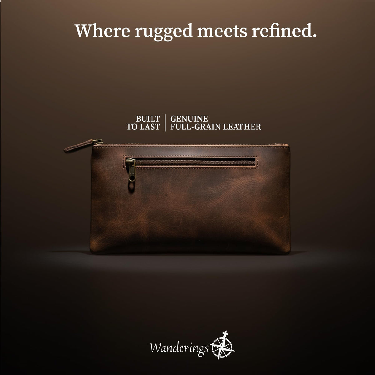 WANDERINGS Genuine Leather Pencil Pouch Case - Large 11" x 6.5" (28 x 16cm) - Hand Crafted Brown Leather Zipper Pouch - Slim Pencil Case Holder for Men and Women