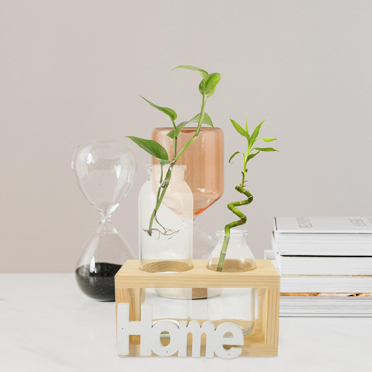 SEWACC Hydroponic Glass Planter with Wooden Stand, Nordic Style Indoor Plant Vase for Desktop Terrarium and Table Centerpiece Home Décor Set with 2 Glass Vases