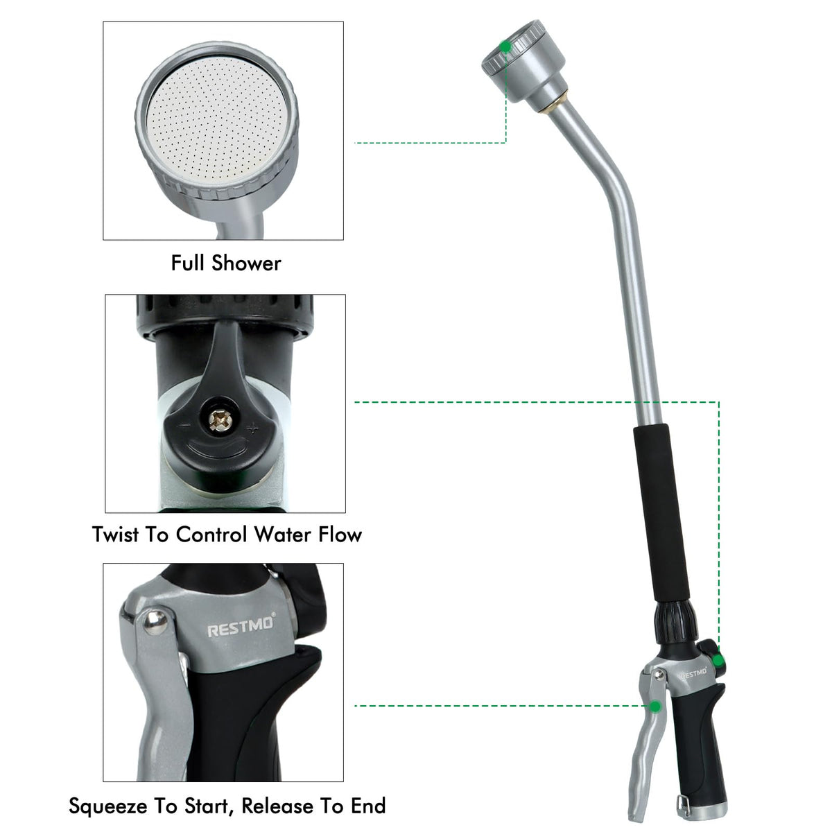RESTMO Long Watering Wand, 24 Inches Gentle Soft Full Shower Sprayer Wand with Flow Control, Heavy Duty Metal Hose Wand for Hanging Baskets, Shrubs, Plants, Flowers, Garden and Lawn, Black