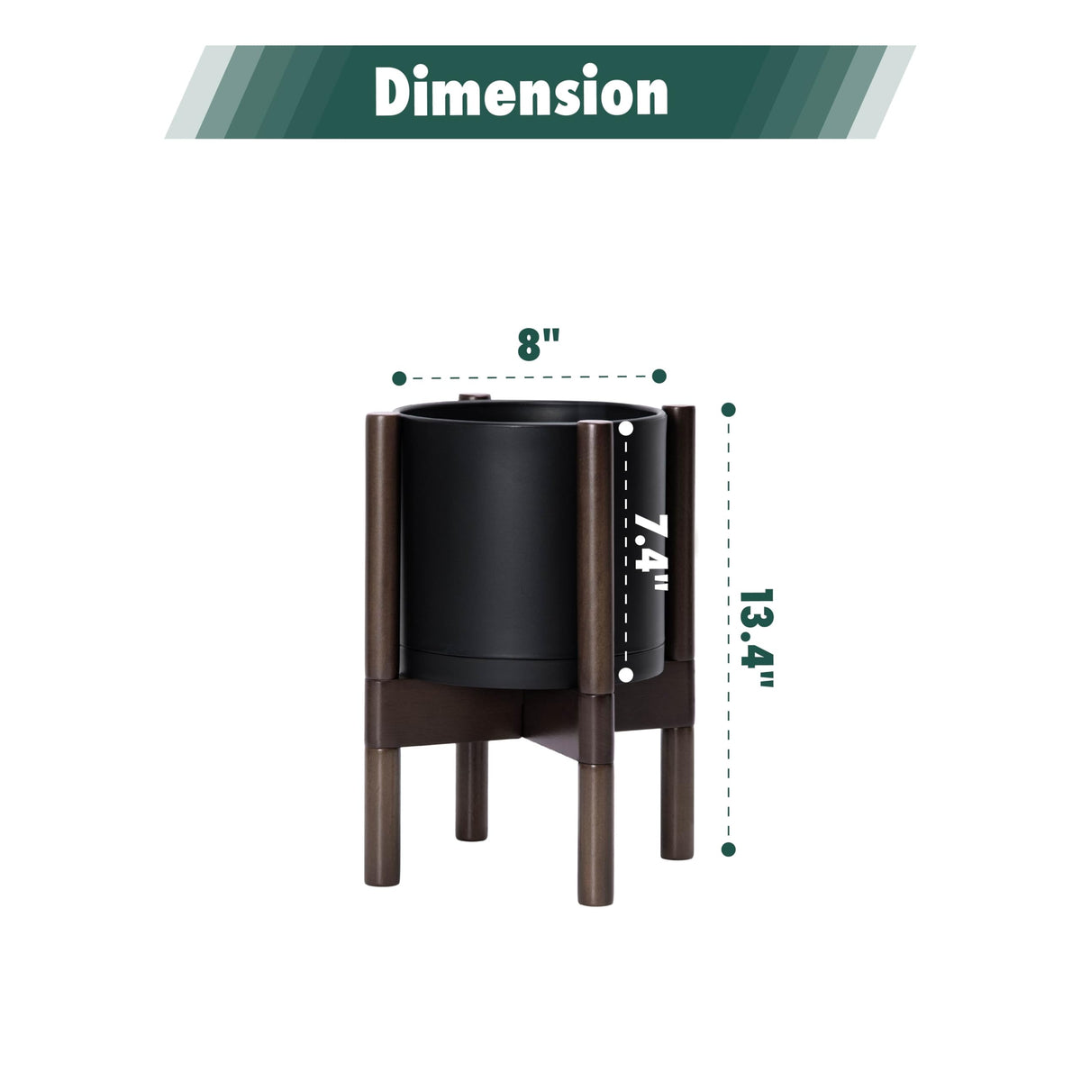 D'vine Dev Planter Pot with Stand - 8 Inch Plastic Cylinder Flower Pot with Wood Planter Holder for Indoor, Matte Black Pot + Walnut Color Stand, 55-C-I-2