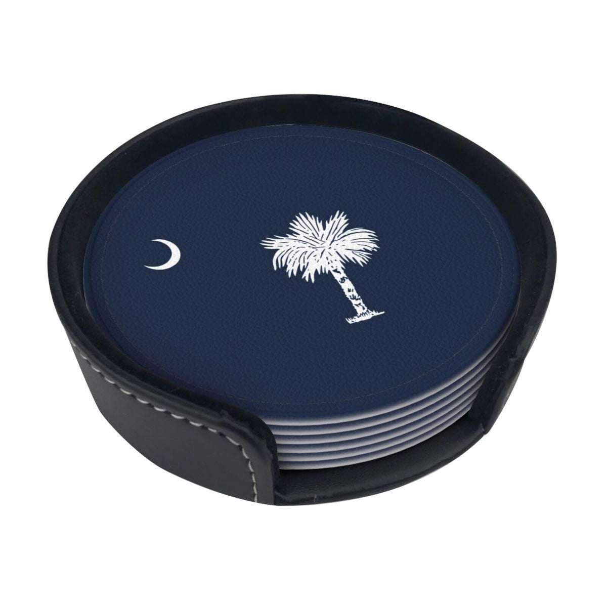 6 Pack South Carolina State Flag Leather Coasters with Holder–Cute Heat Resistant Drink Coasters Set for Coffee Wine Kitchen Office Bar Table Decor,Round