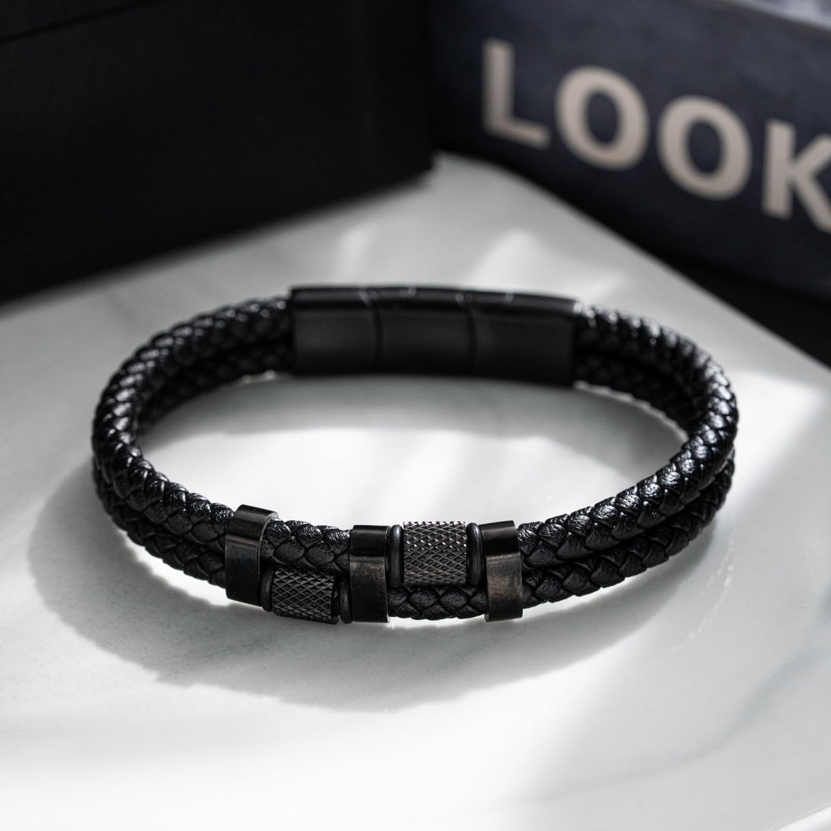 HAVRESSE black genuine leather bracelet for men with adjustable stainless steel magnetic clasp - multi-layer braided rope design - stylish bracelet for men Fits wrist sizes 6.1-7.5 inches.