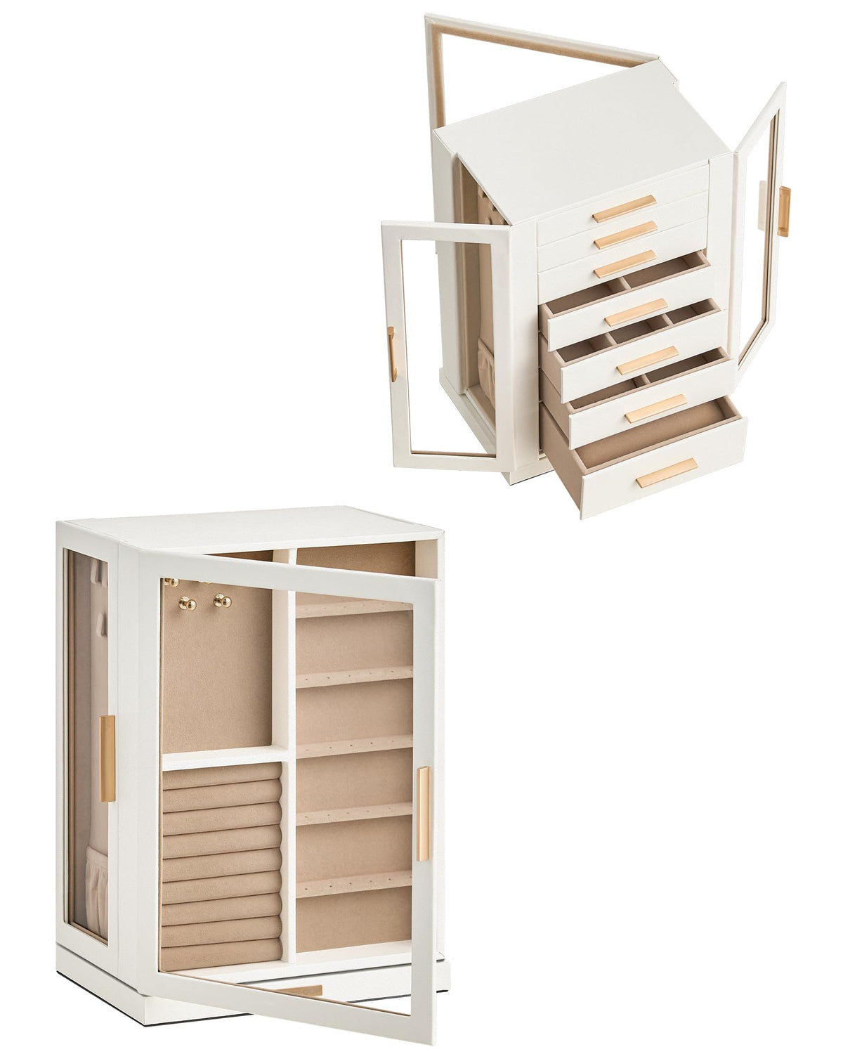Glimmloop 360° Rotating Jewelry Box with 7 Drawers, Spacious Vertical Jewelry Organizer with Glass Window, Jewelry Storage Case, Dustproof & Moisture-resistant Design, White