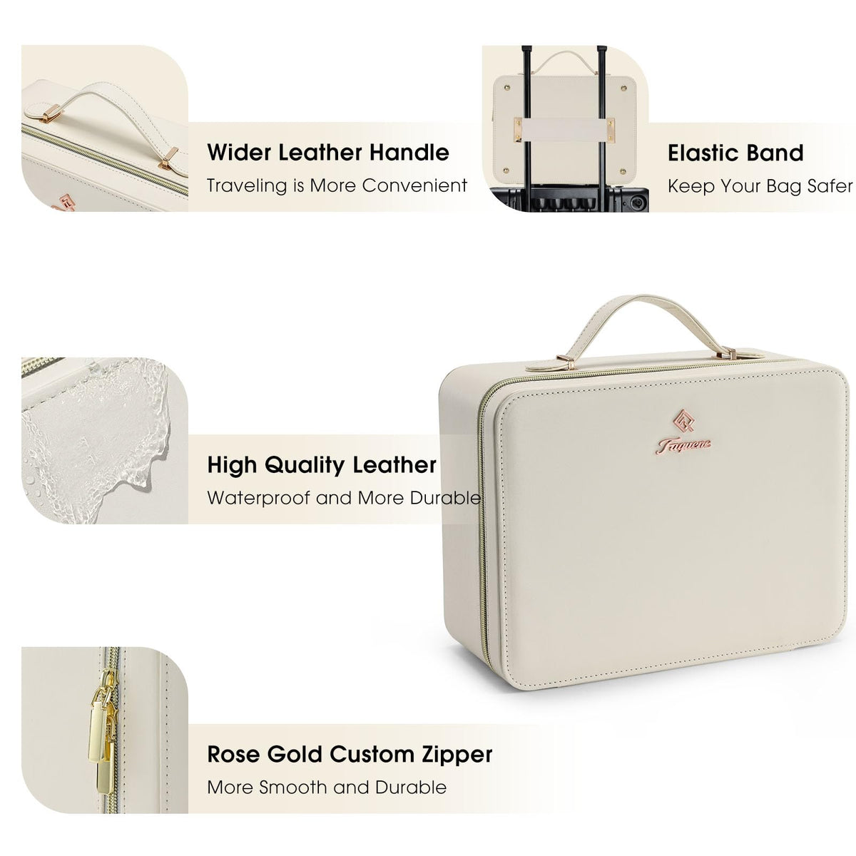 Faquenc Leather Makeup Case with LED Lighted Mirror 11.4 Inch Travel Makeup Bag Adjustable Brightness in 3 Colors Cosmetic Organizer Artist Storage Bag with Dividers Brush Holder Bag Vanity White