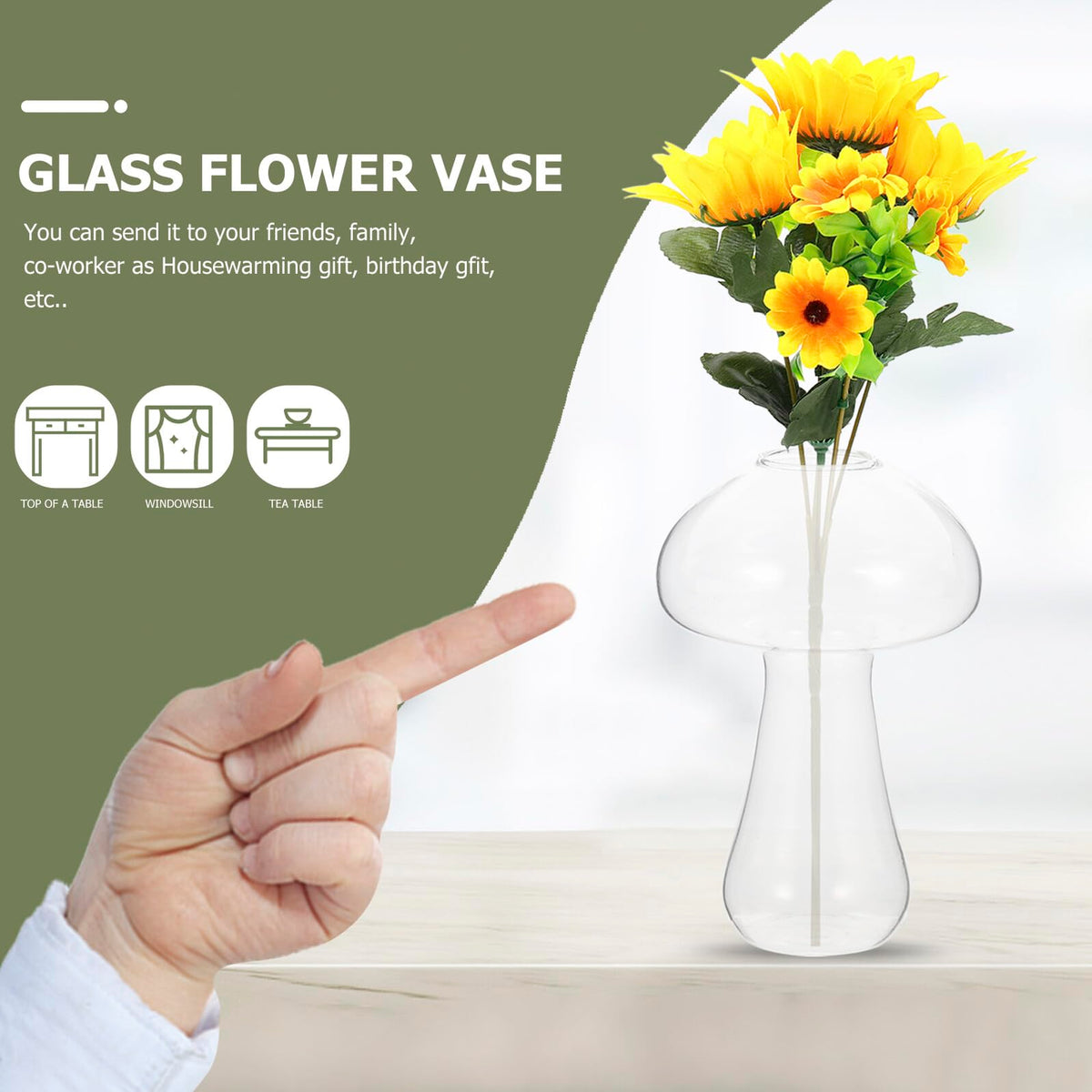 Healvian Mushroom Glass Vase 12x8cm Decorative Floral Vase Ornament for Hydroponic Plants Indoor Home Décor Flower Planter Terrarium Container