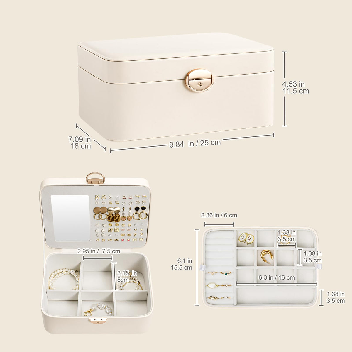 Lolalet 2 Layer Jewelry Box with Lock and Key for Teen Girls & Young Women, Jewelry Organizer Case with Round Clasp and Mirror for Earrings Rings Necklaces Storage, Gift Idea -Cloud White