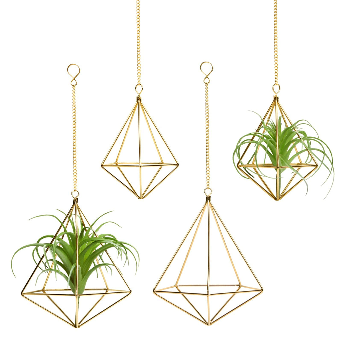 libproqia 4 Pcs Geometric Himmeli Air Plant Holders - Metal Tillandsia Display Hangers with Chains, 2 Sizes (Small & Large) - Gold Home Decor, Housewarming Gift, Boho Wall or Ceiling Hanging Planter