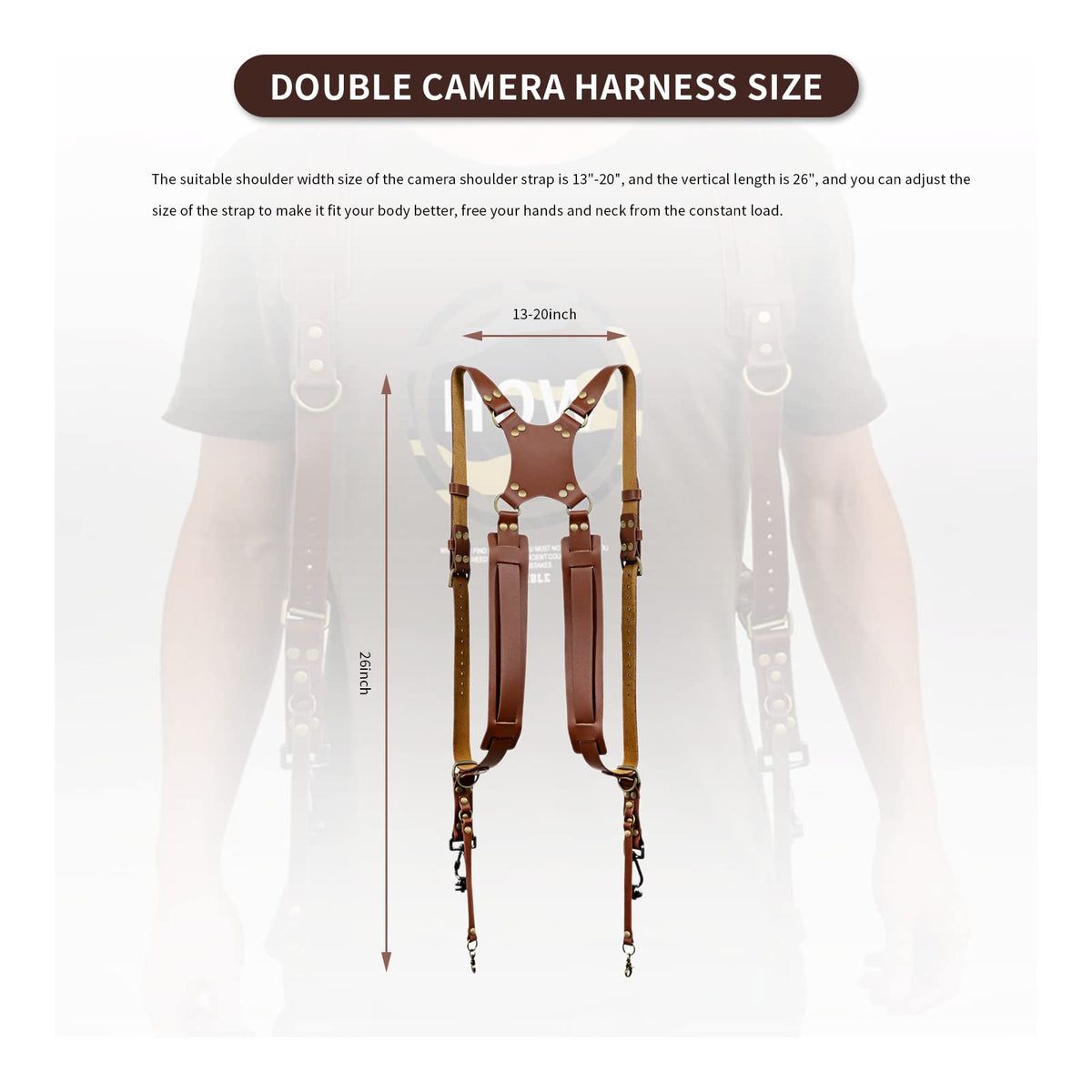 Gugxiom Double Camera Strap,Camera Shoulder Strap for Two Cameras,Adjustable Leather Double Camera Harness Brown