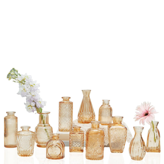 Bud Vases Set of 12,Glass Bud Vases in Bulk,Small Flower Vases for Centerpieces,Mini Vintage Vase for Wedding, Home Table Decor,Christmas,Party Decoration,Gold Amber