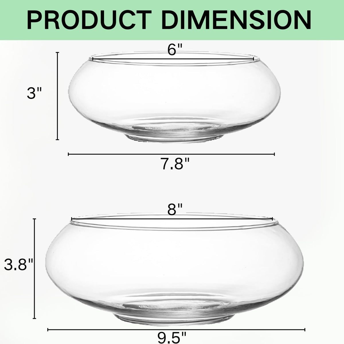 ZENFUN 2 Pack Glass Vase Bowl, 6"/ 8" Wide Mouth Flower Vase Round Terrarium, Glass Hydroponic Planter Floral Container Clear Fish Bowl for Table Centerpiece, Wedding Event, Home Decoration