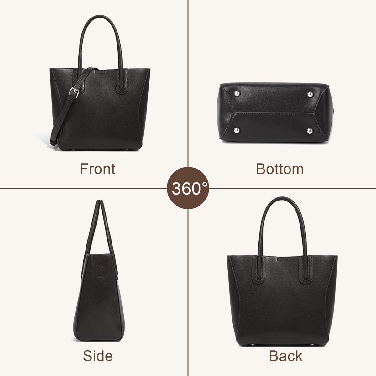 MFFOR Tote Bag for Women, Genuine Leather Crossbody Handbags, Top Handle Bags, Shoulder Purse with Detachable Strap (Black)